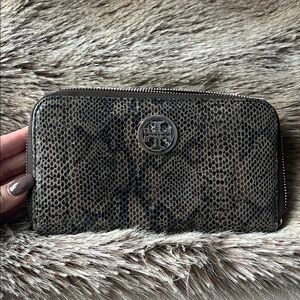 Tory Burch Brown and Black Snake-Print Zip Around Wallet